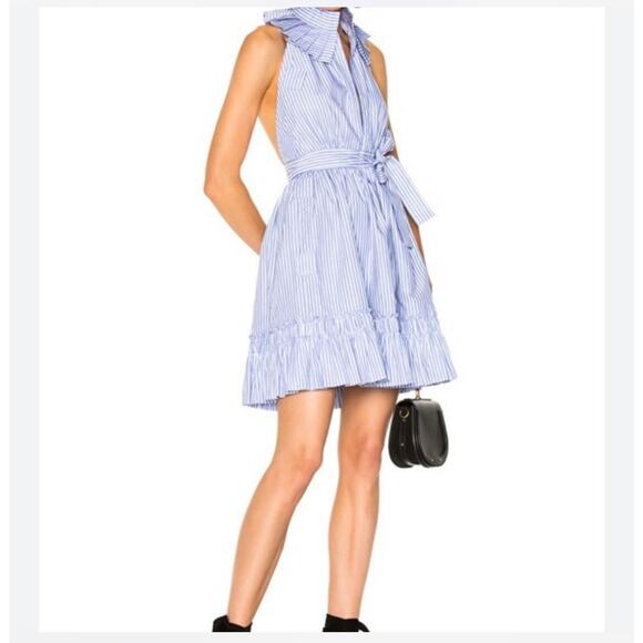 Alexis Dress Womens Medium Blue Stripe Ruffle Collar Tie Waist Button Front - Picture 2 of 10